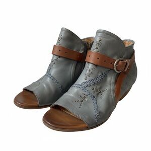 Miz Mooz Leather Peep Toe Ankle Booties Blue Gray Buckle Sandals Size 38